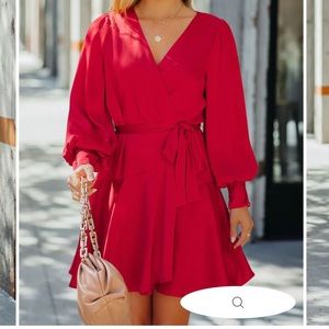 Skies are blue satin red wrap dress